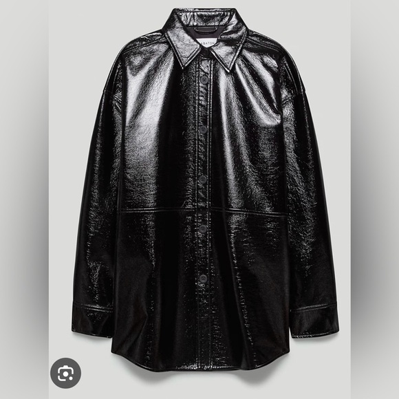 Aritzia Babaton Oversized Pelli Black Faux Shiny Leather Shirt Jacket Size Small - Picture 1 of 9